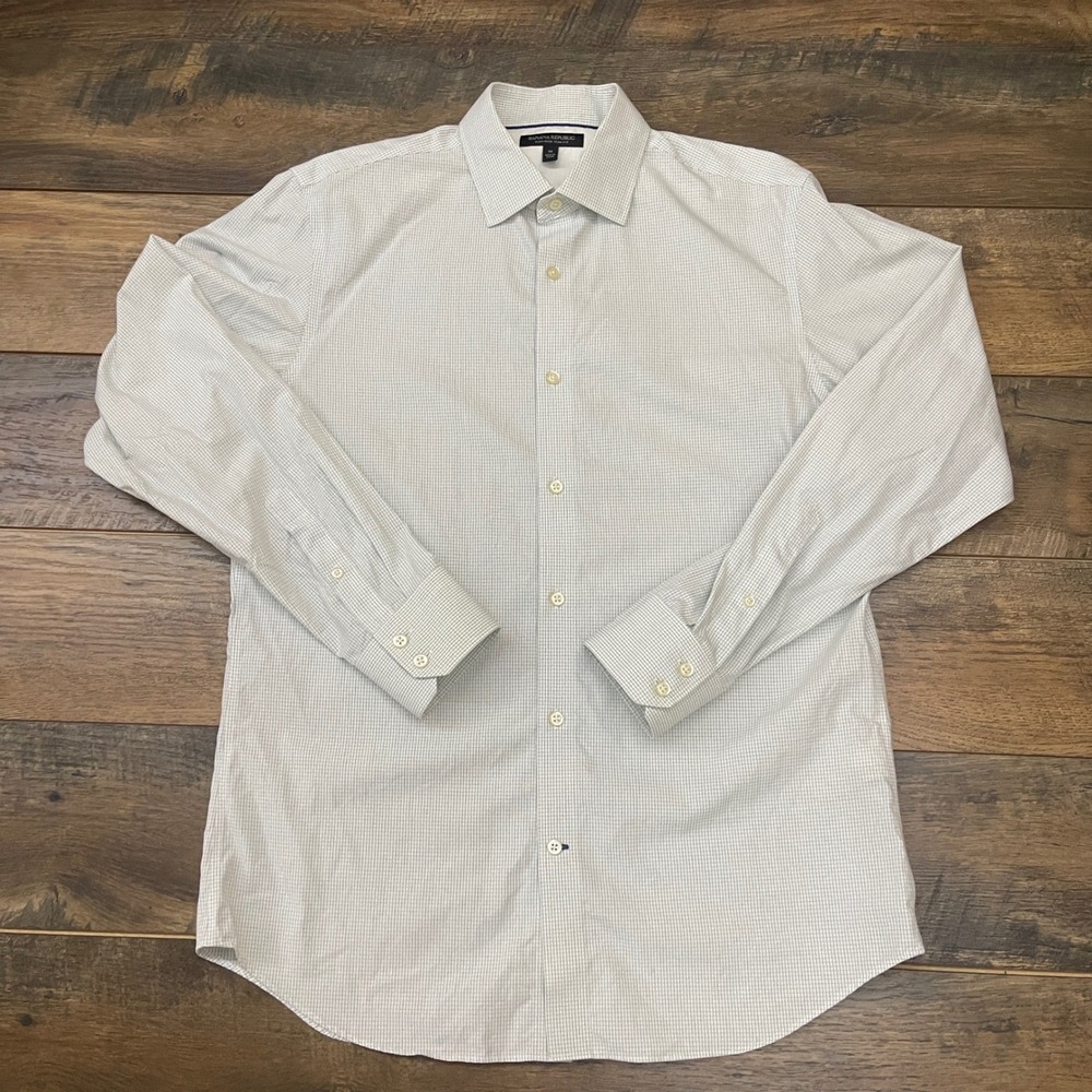 Banana Republic Mens M 15-15.5 Non-Iron Slim Fit Dress Shirt White Grid Cotton